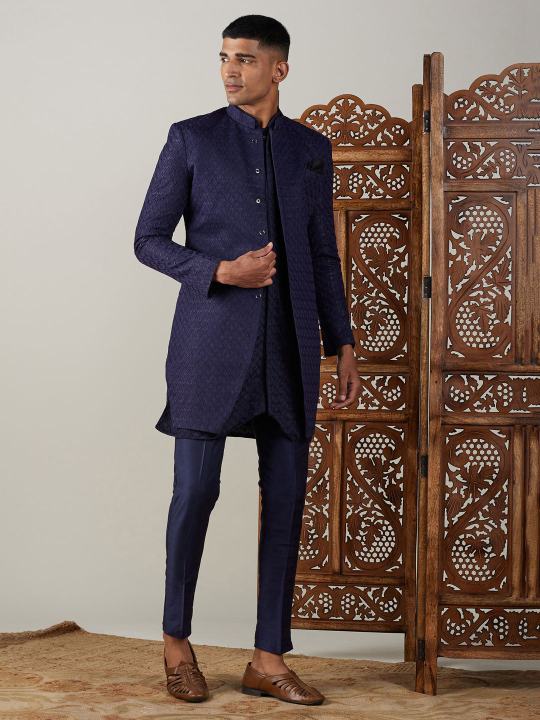 Vastramay mens navy blue imported jaccard self design sherwani with kurta and pant set