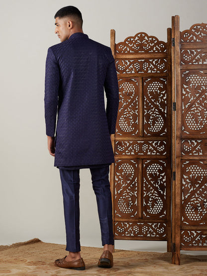 Vastramay mens navy blue imported jaccard self design sherwani with kurta and pant set