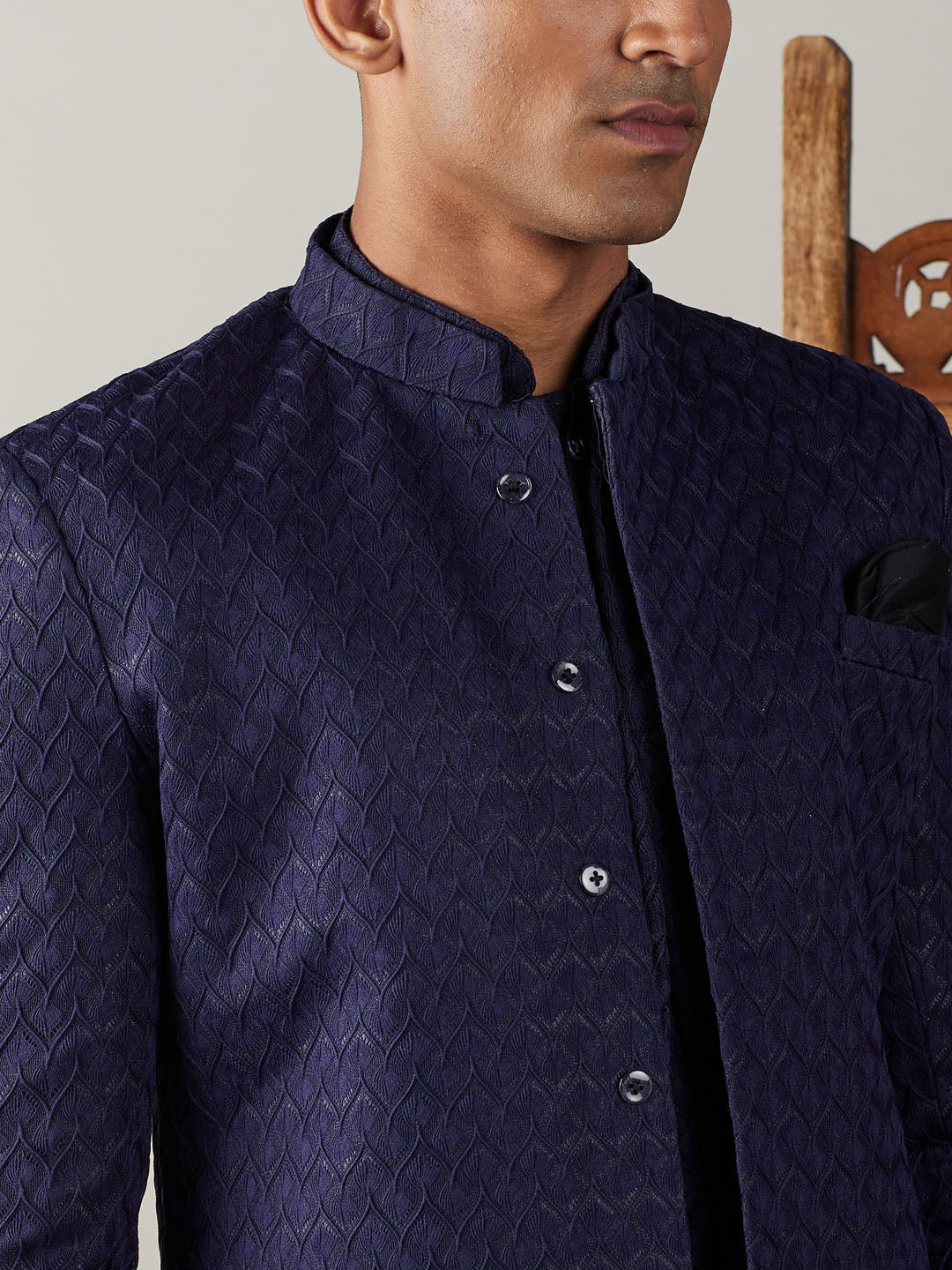 Vastramay mens navy blue imported jaccard self design sherwani with kurta and pant set