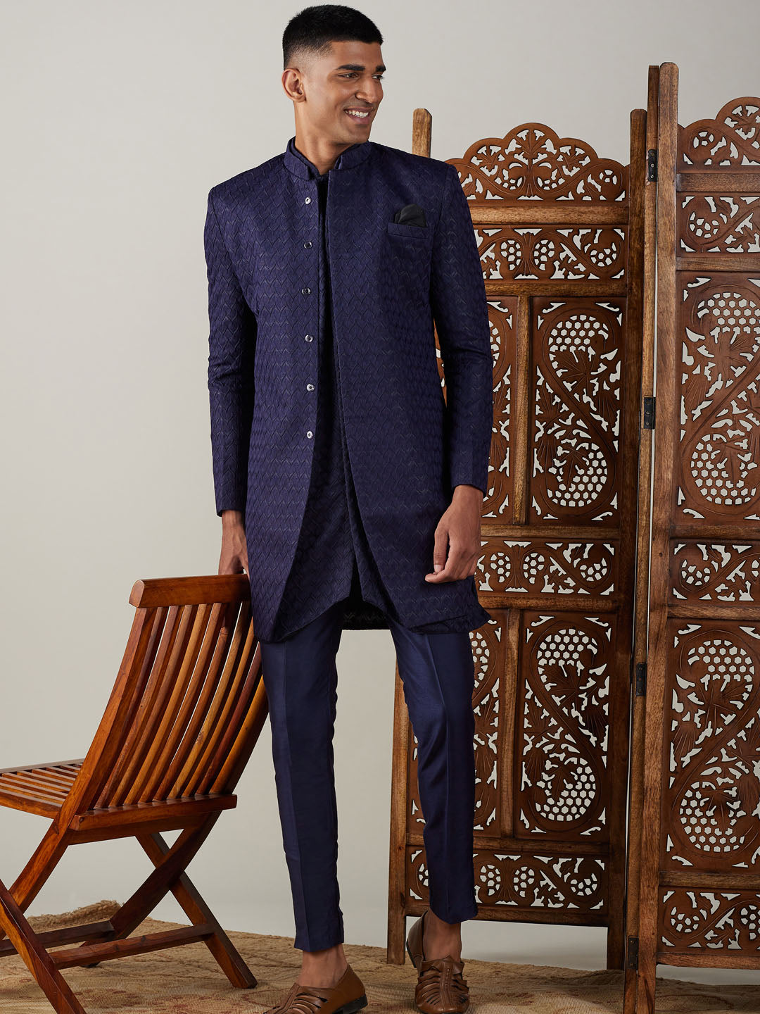 Vastramay mens navy blue imported jaccard self design sherwani with kurta and pant set