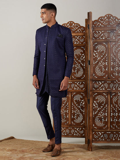 Vastramay mens navy blue imported jaccard self design sherwani with kurta and pant set