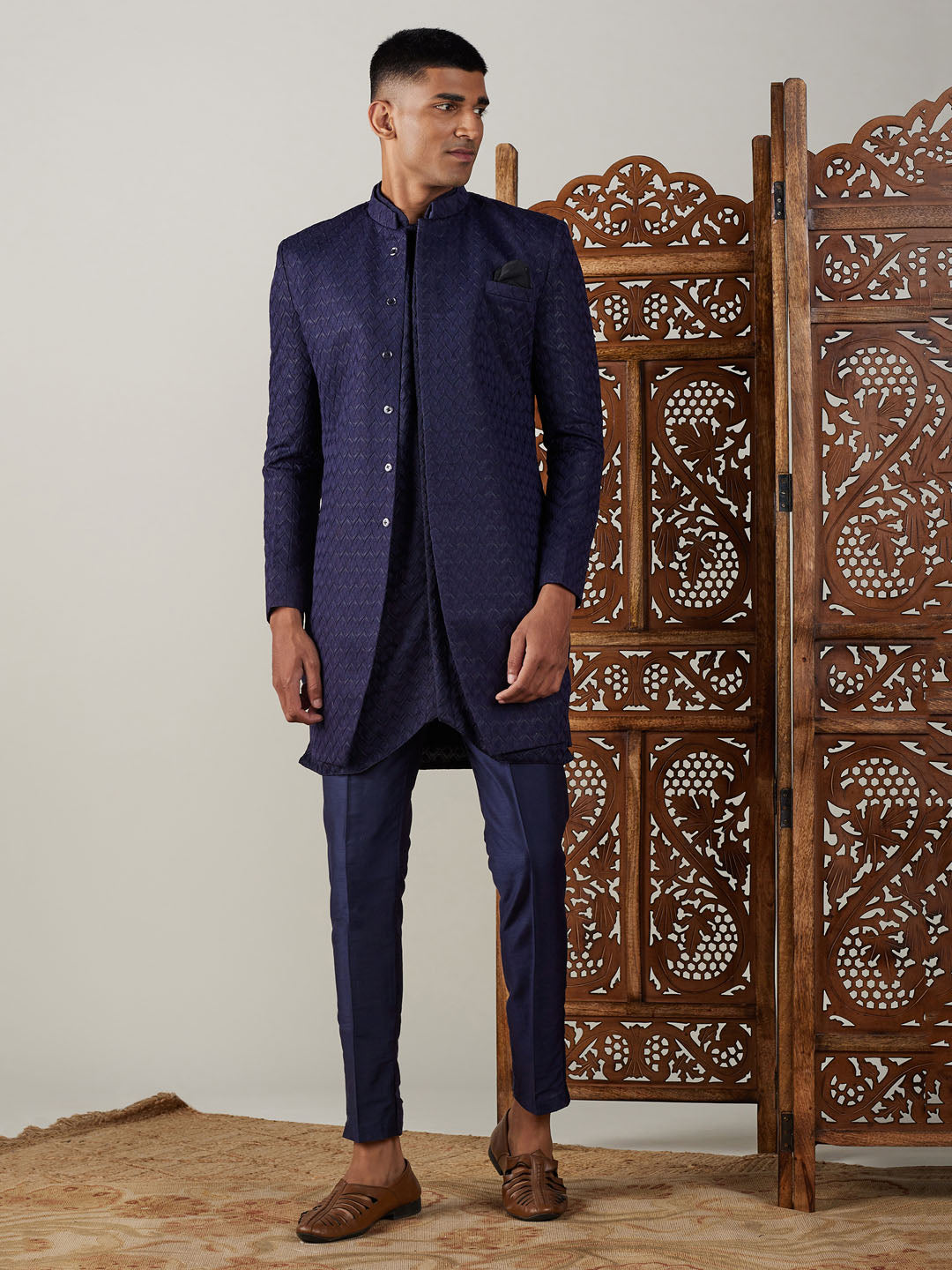 Vastramay mens navy blue imported jaccard self design sherwani with kurta and pant set