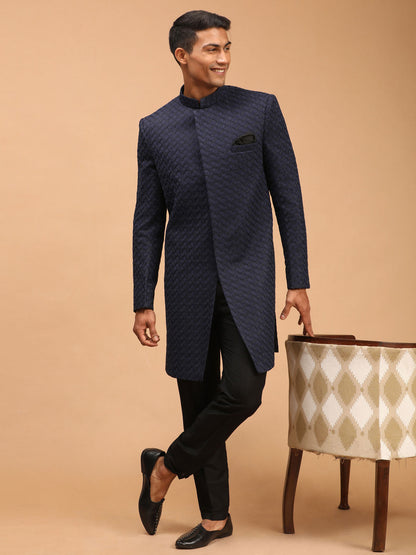 shrestha by Vastramay mens navy blue imported jaccard self design sherwani set