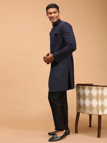 shrestha by Vastramay mens navy blue imported jaccard self design sherwani set