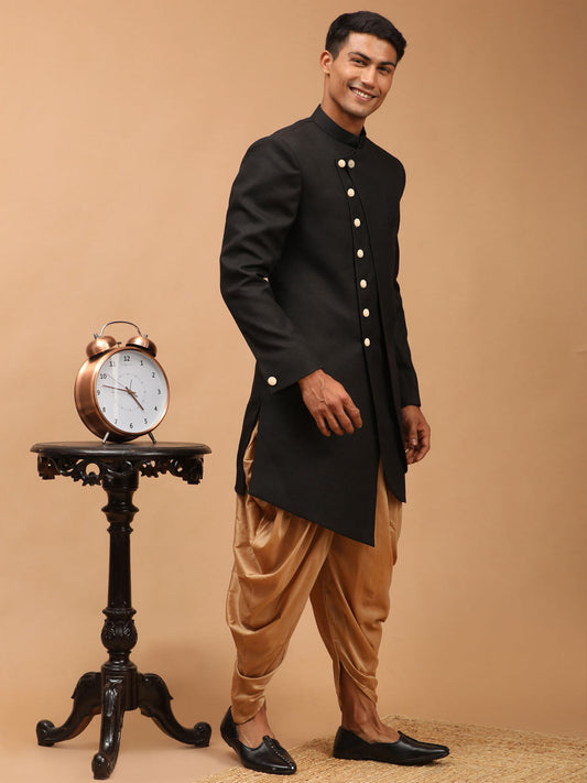 VASTRAMAY Men's Black Cotton Blend Asymmetric Angrakha Indo Western With Rose Gold Dhoti Set