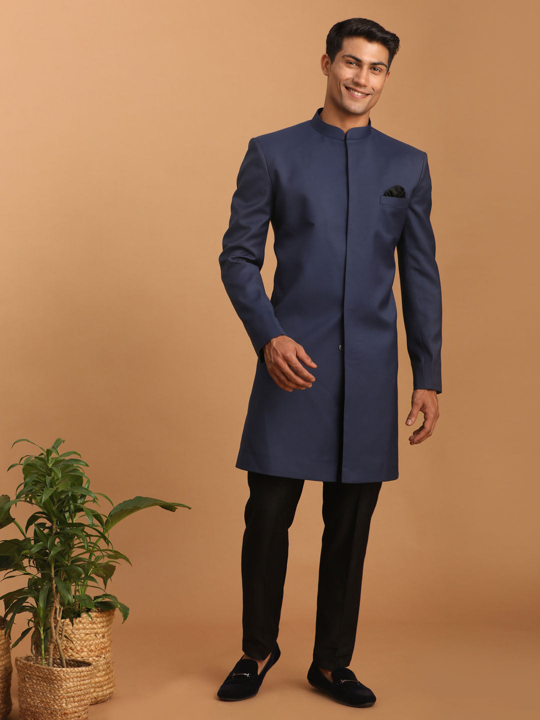 VASTRAMAY Men's Navy Blue Solid Silk Blend Indo Western With Black Pant Set