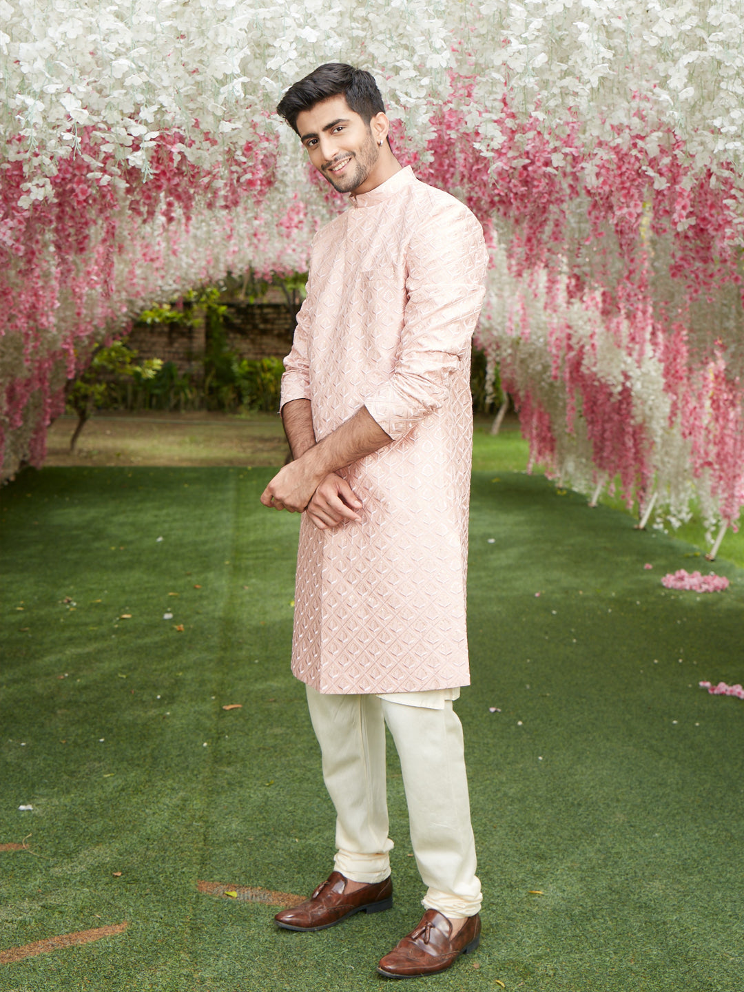 vastramay mens peach sequined embroidered indo western sherwani with cream kurta and pant set