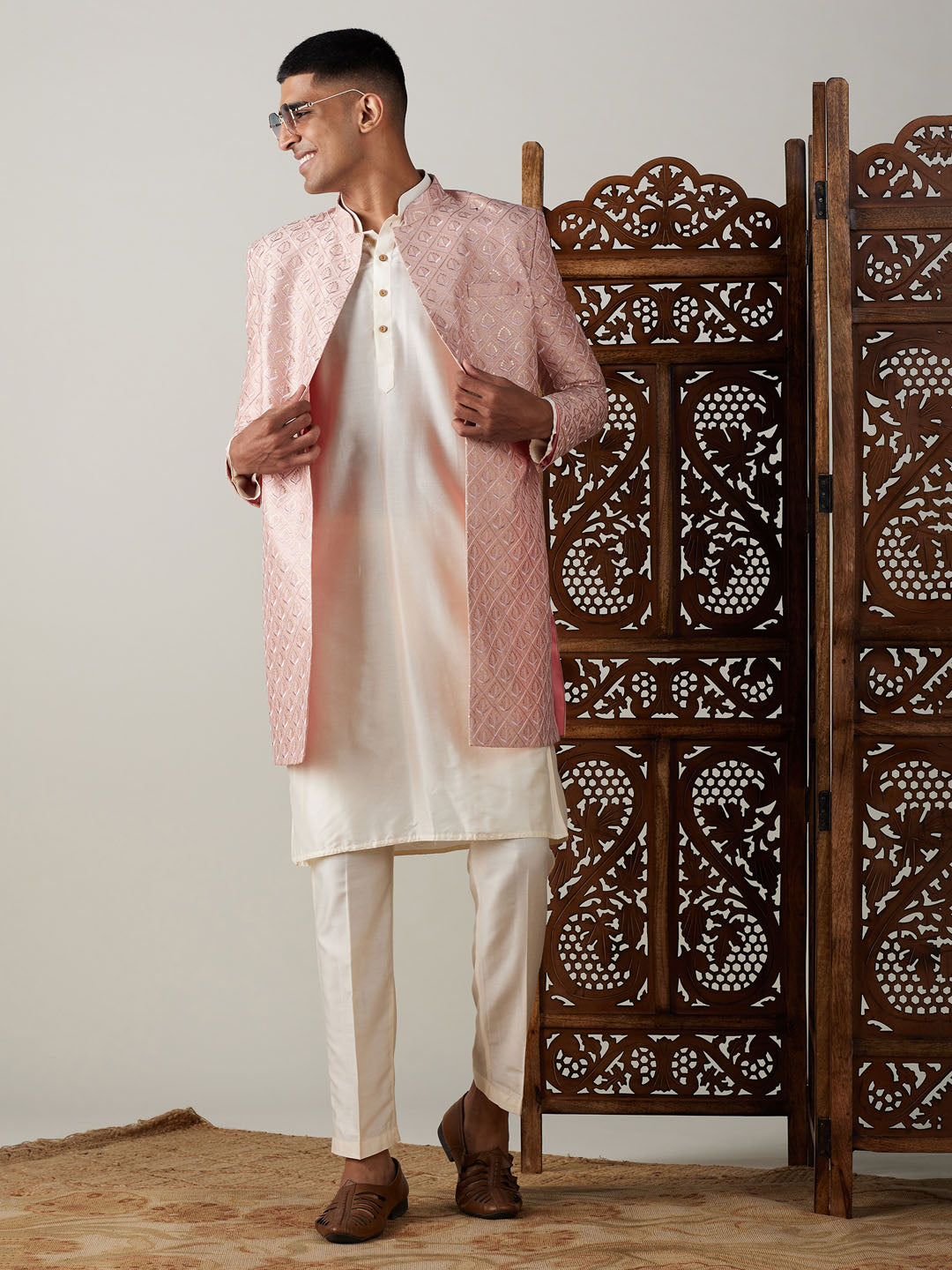 vastramay mens peach sequined embroidered indo western sherwani with cream kurta and pant set