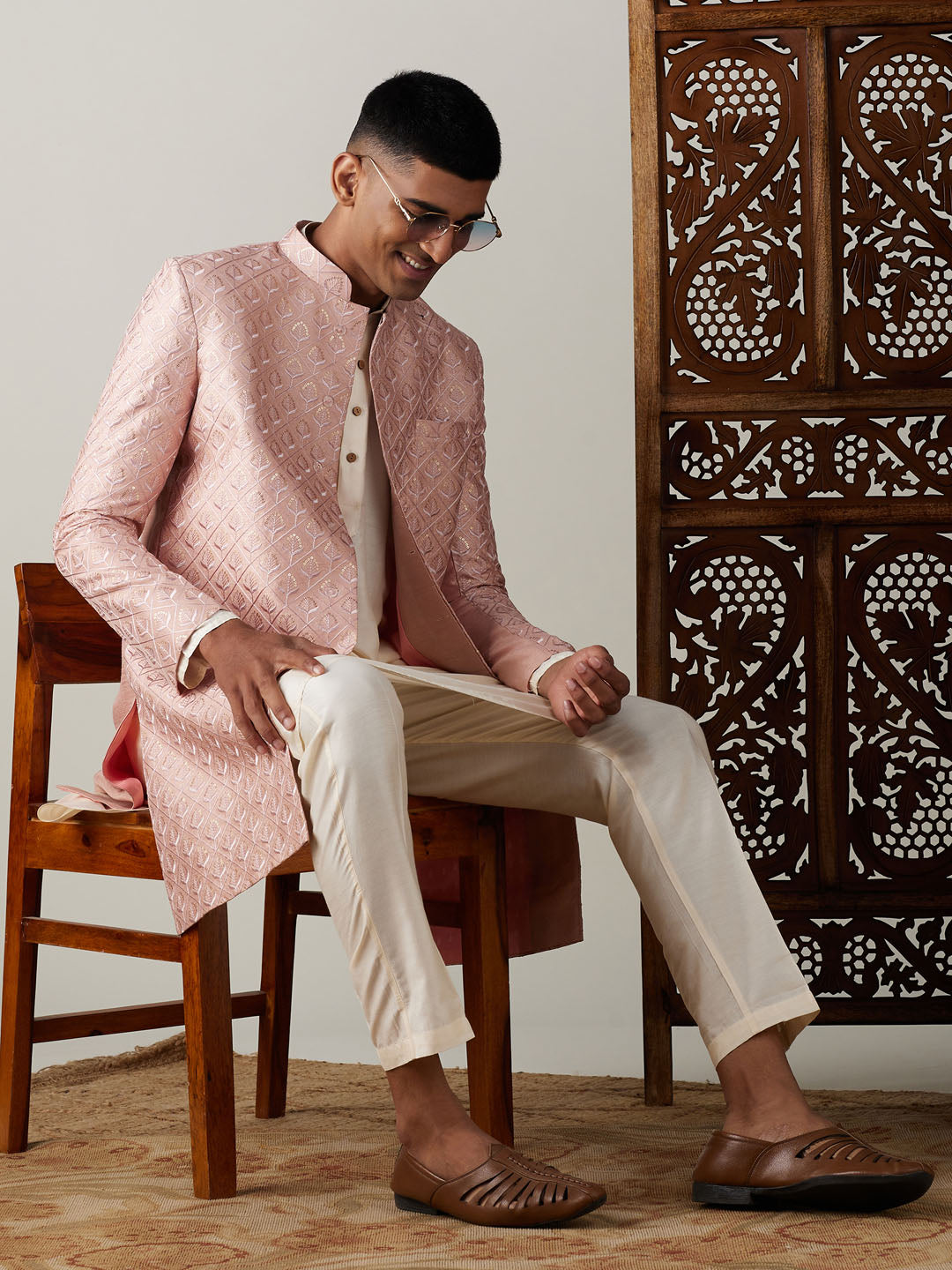 vastramay mens peach sequined embroidered indo western sherwani with cream kurta and pant set