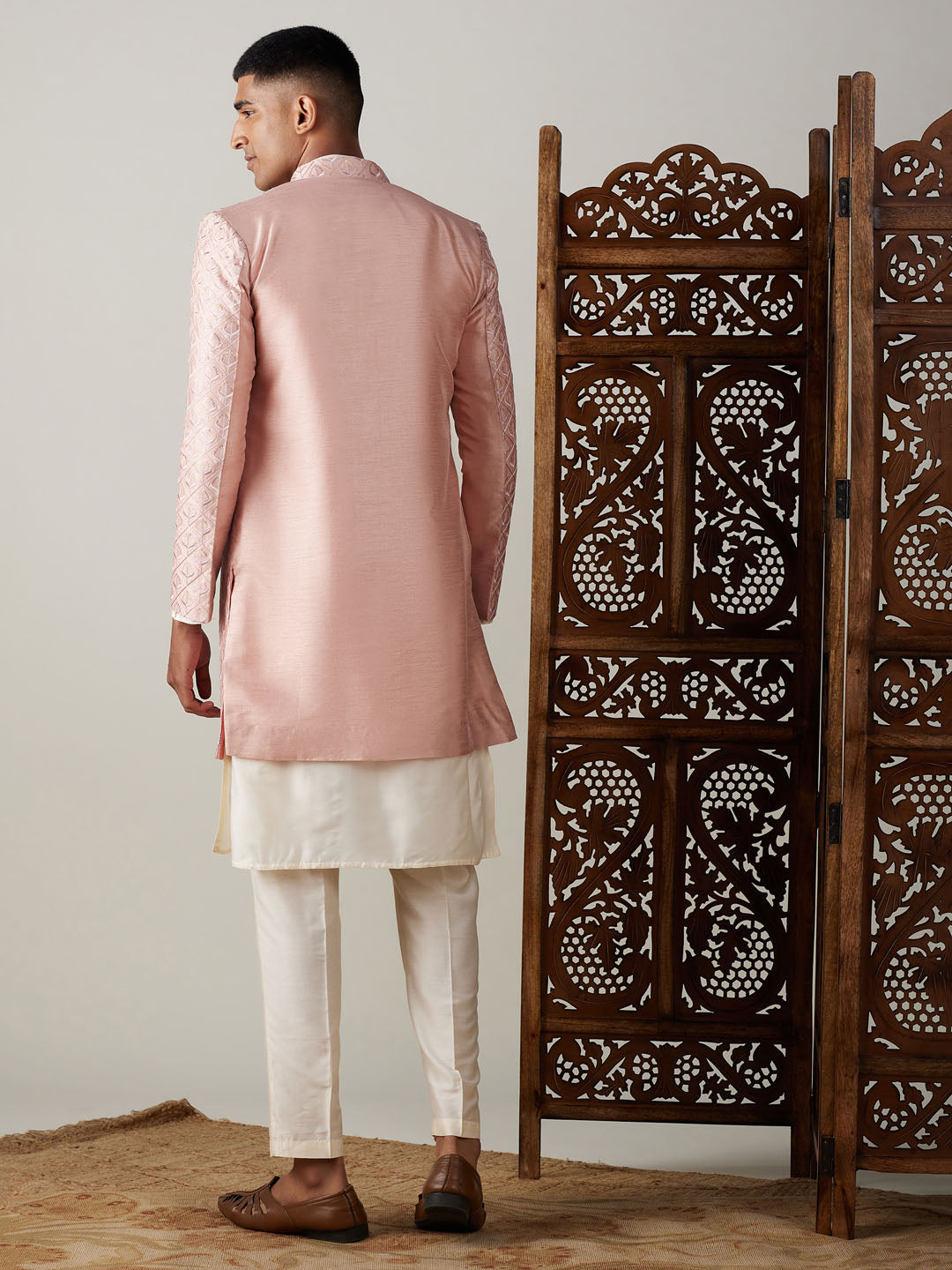 vastramay mens peach sequined embroidered indo western sherwani with cream kurta and pant set