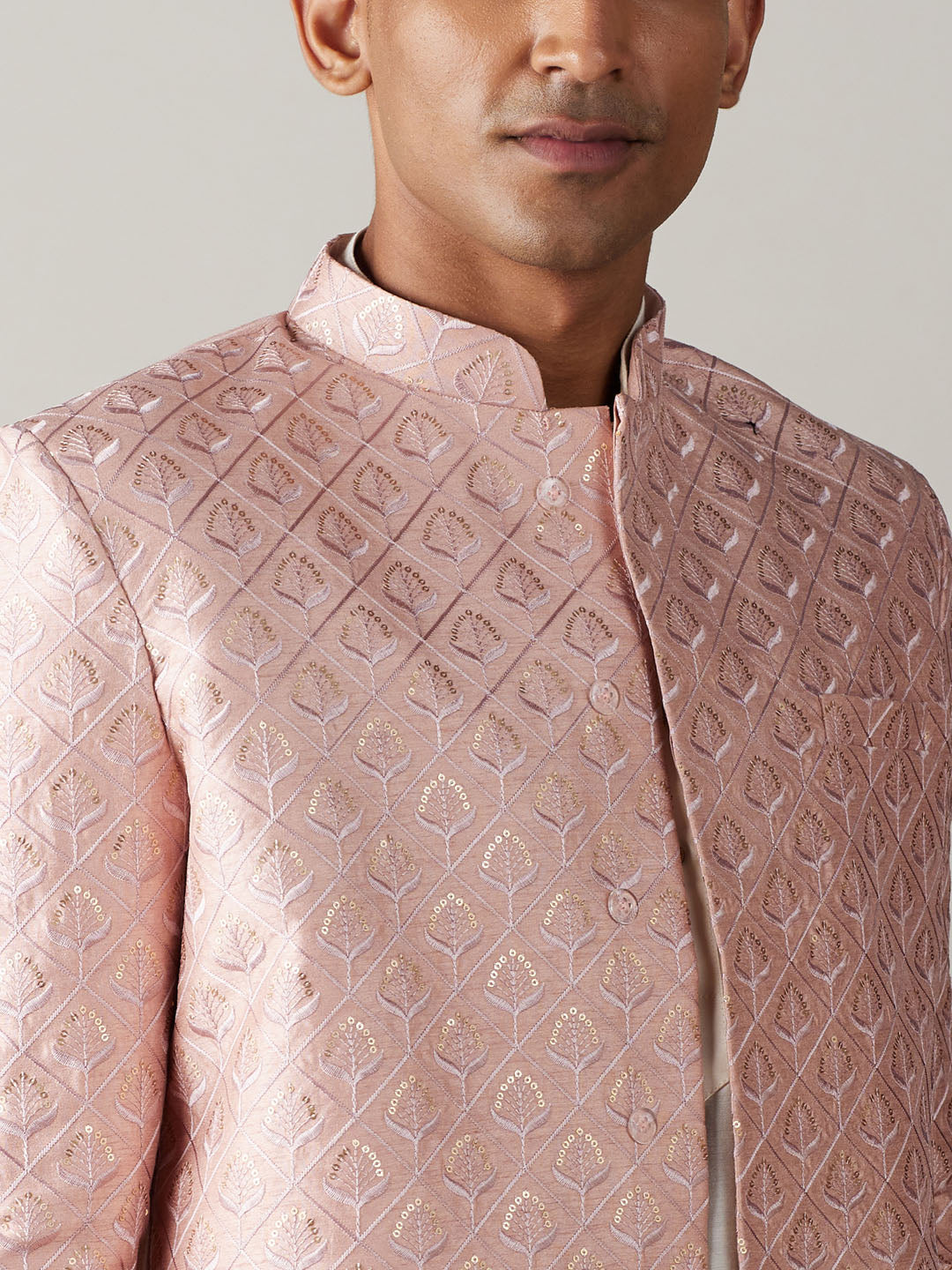 vastramay mens peach sequined embroidered indo western sherwani with cream kurta and pant set