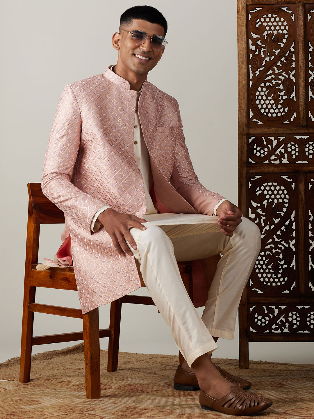 vastramay mens peach sequined embroidered indo western sherwani with cream kurta and pant set