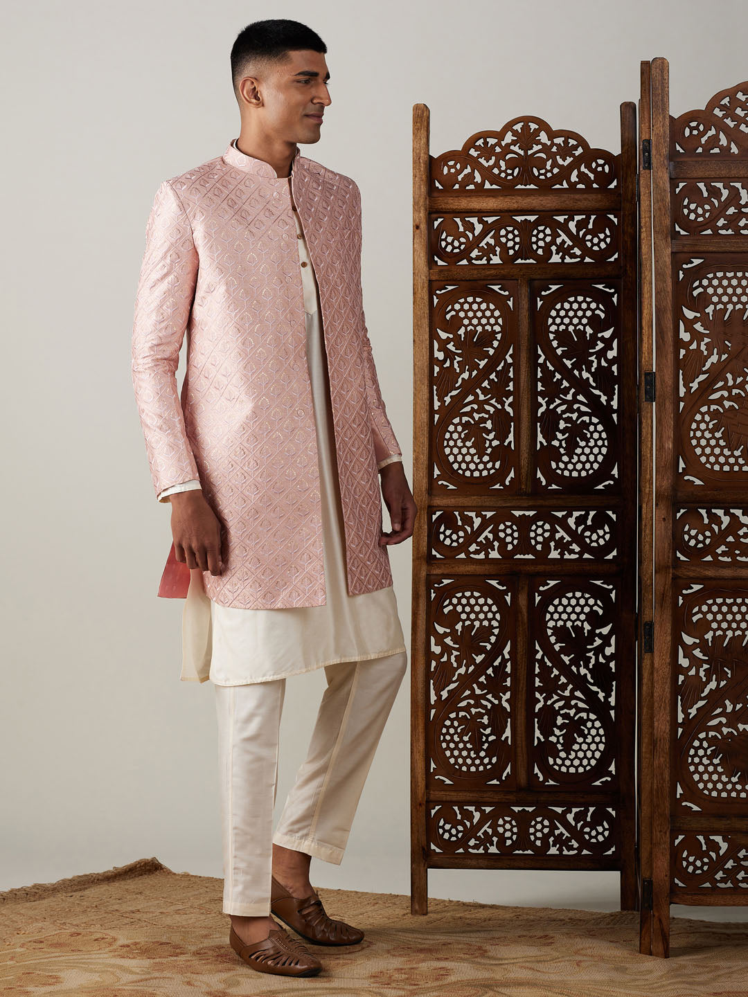 vastramay mens peach sequined embroidered indo western sherwani with cream kurta and pant set