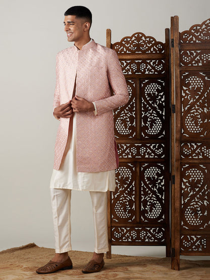 vastramay mens peach sequined embroidered indo western sherwani with cream kurta and pant set