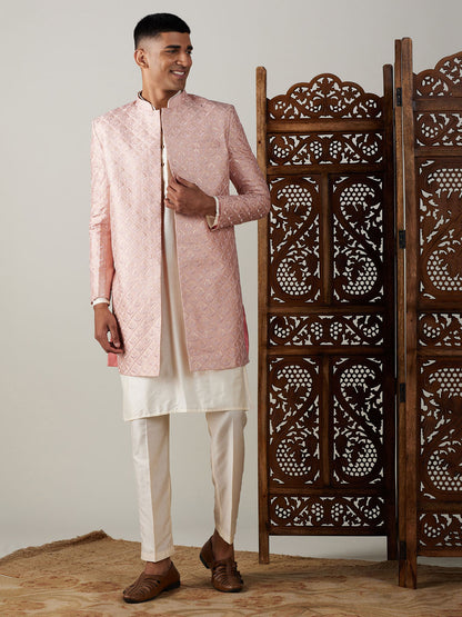 vastramay mens peach sequined embroidered indo western sherwani with cream kurta and pant set