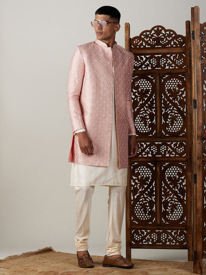 vastramay mens peach sequined indo western sherwani with cream kurta and pyjama set