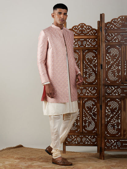 vastramay mens peach sequined indo western sherwani with cream kurta and pyjama set