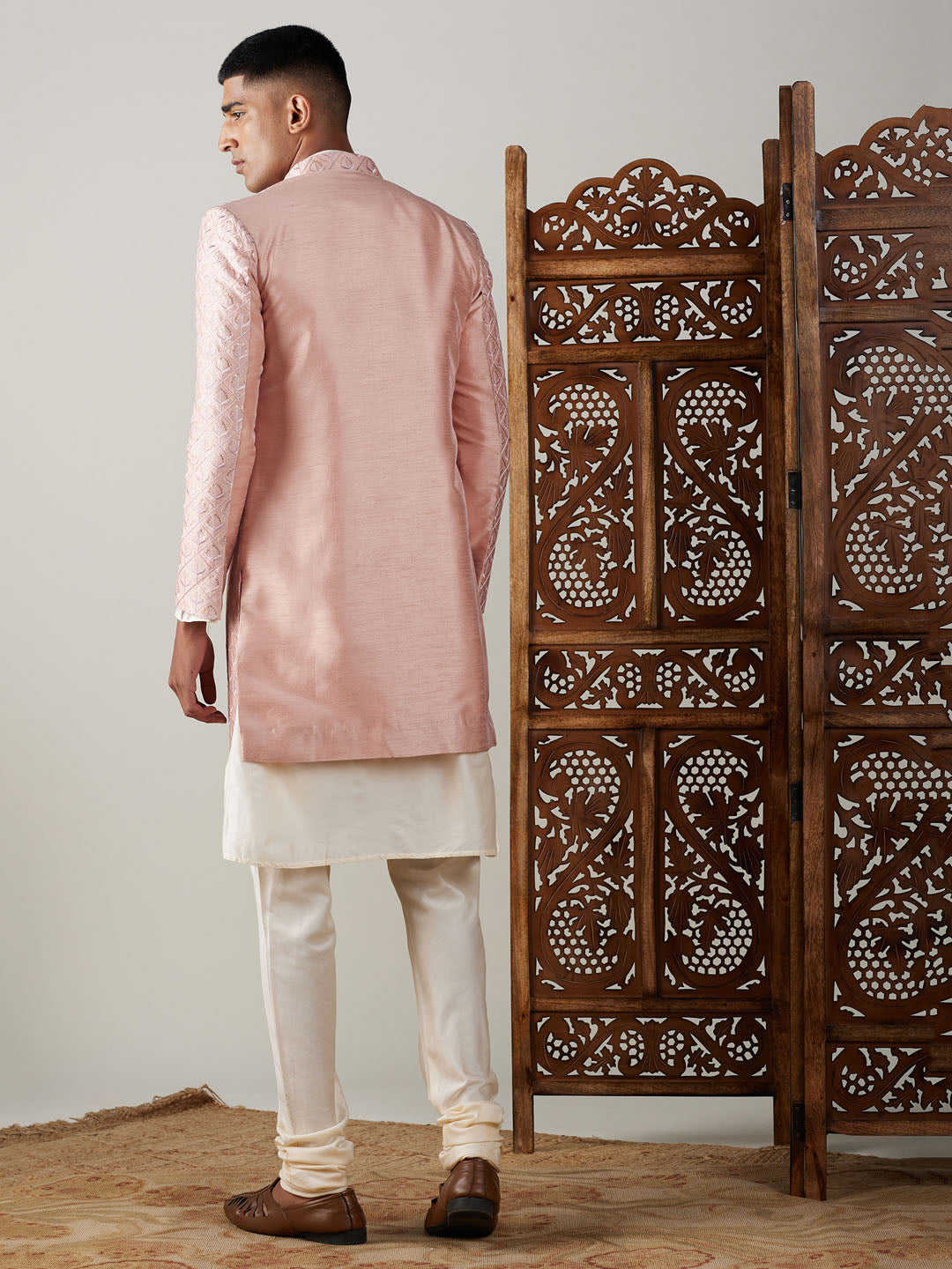 vastramay mens peach sequined indo western sherwani with cream kurta and pyjama set