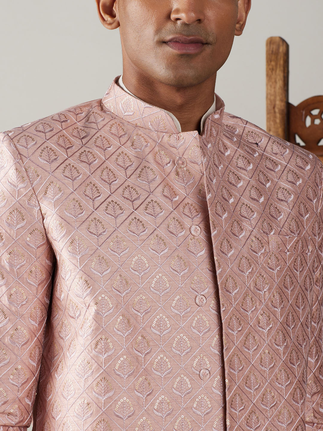 vastramay mens peach sequined indo western sherwani with cream kurta and pyjama set