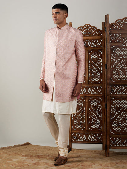 vastramay mens peach sequined indo western sherwani with cream kurta and pyjama set