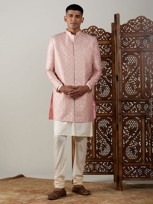 vastramay mens peach sequined indo western sherwani with cream kurta and pyjama set