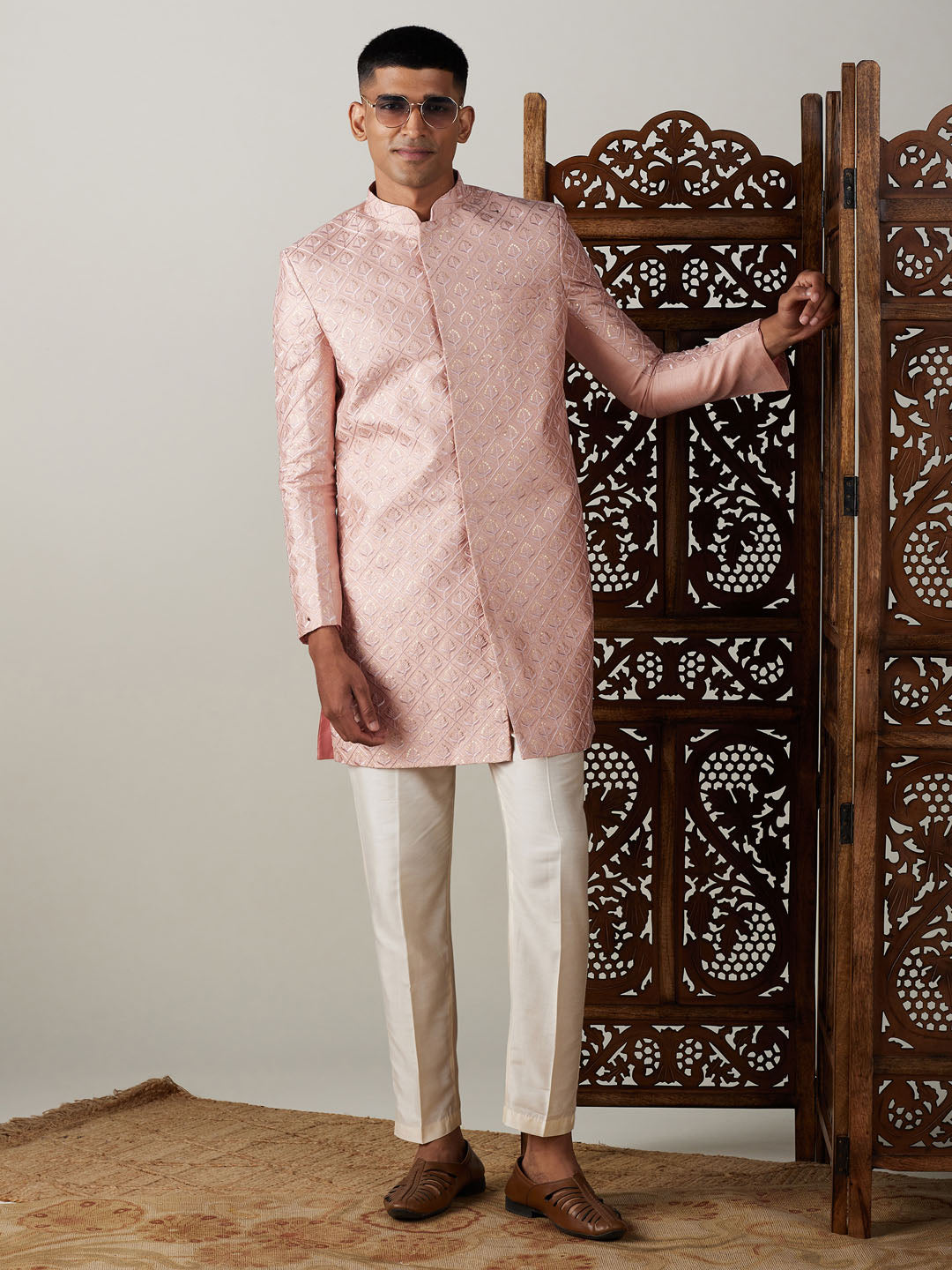 Vastramay mens peach sequined embroidered indo western sherwani set