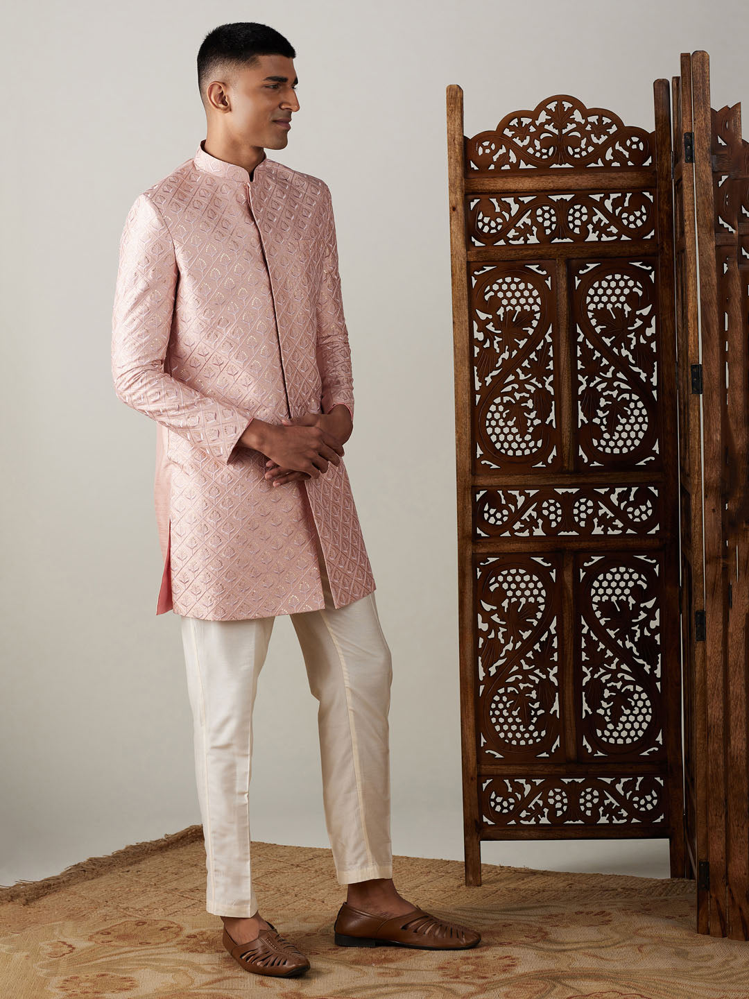 Vastramay mens peach sequined embroidered indo western sherwani set