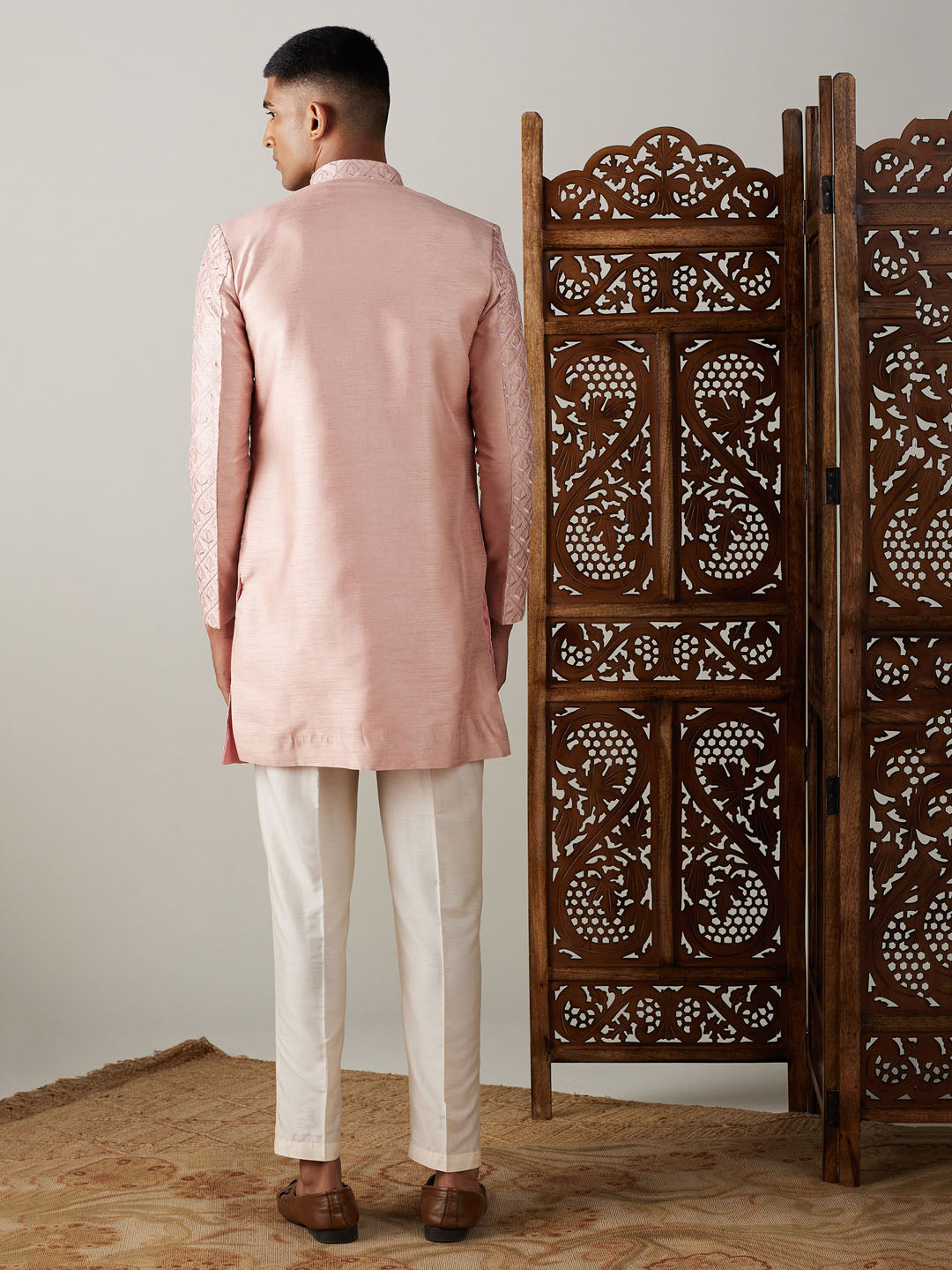 Vastramay mens peach sequined embroidered indo western sherwani set