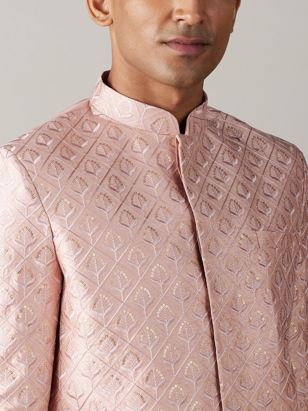 Vastramay mens peach sequined embroidered indo western sherwani set