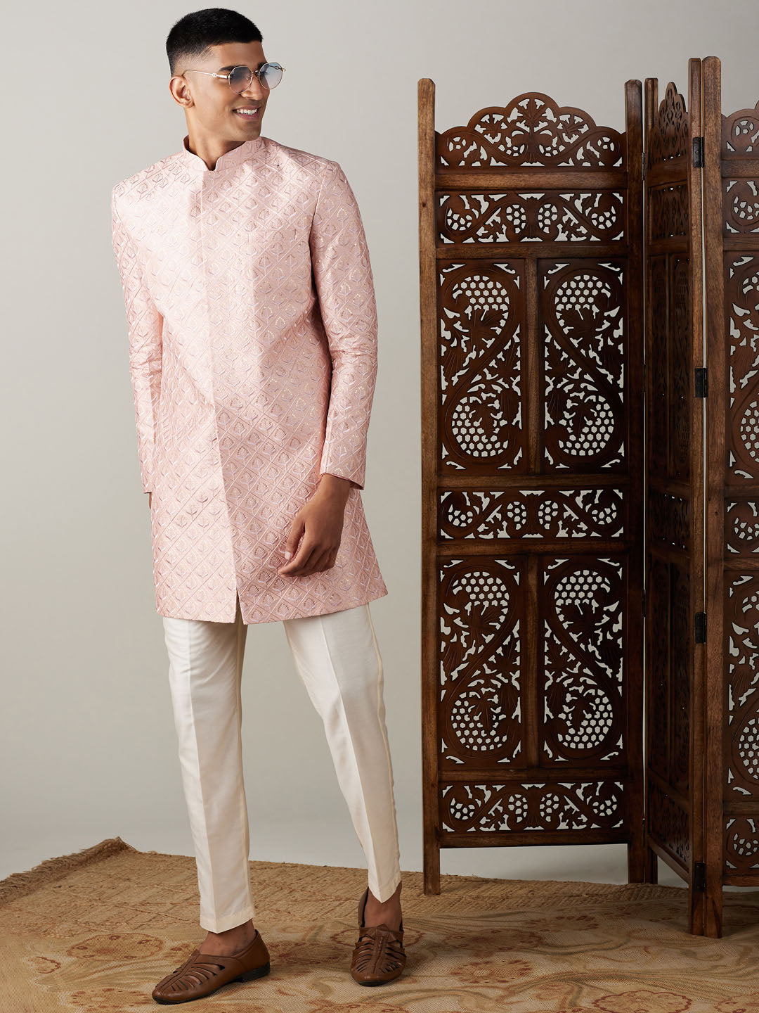 Vastramay mens peach sequined embroidered indo western sherwani set