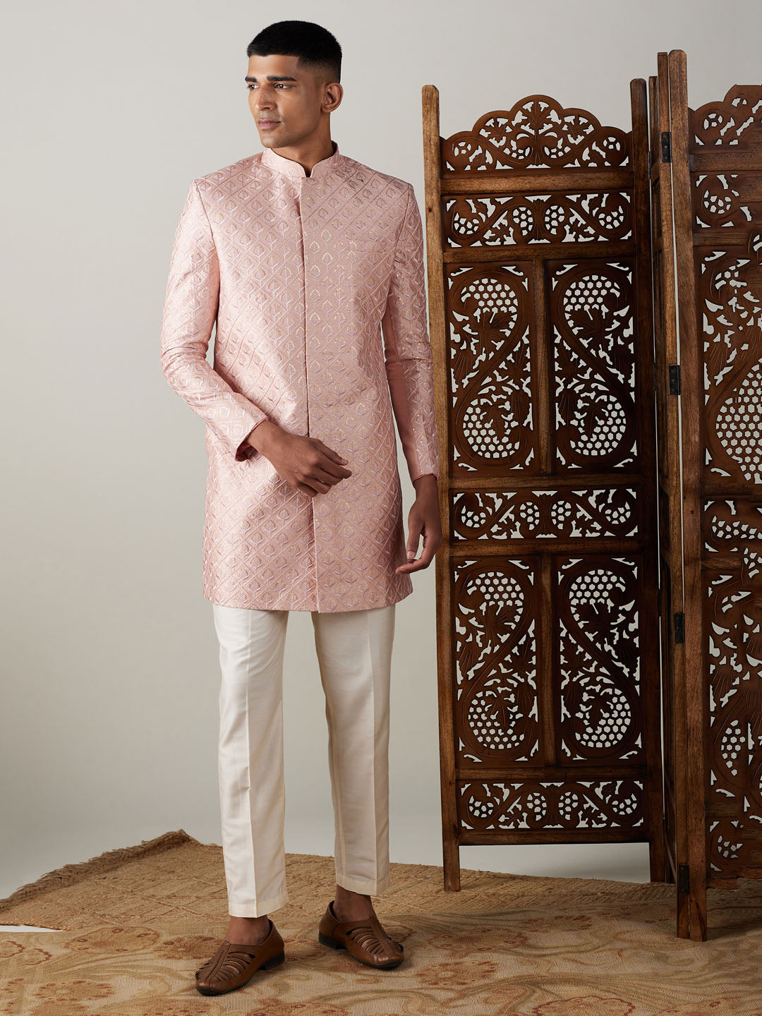 Vastramay mens peach sequined embroidered indo western sherwani set