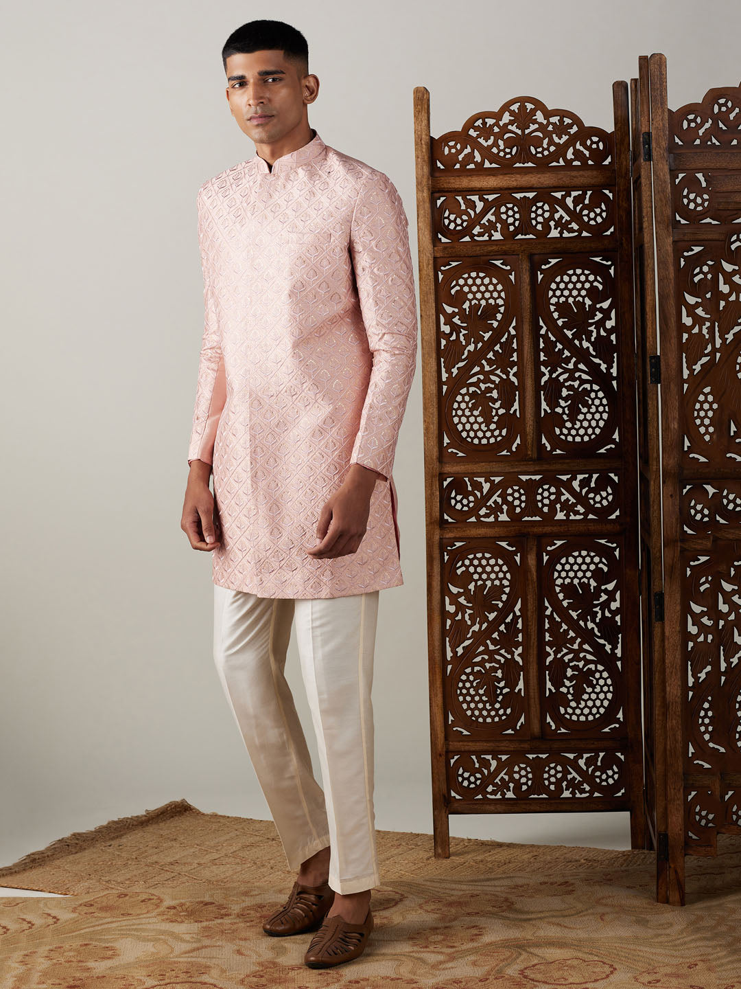 Vastramay mens peach sequined embroidered indo western sherwani set