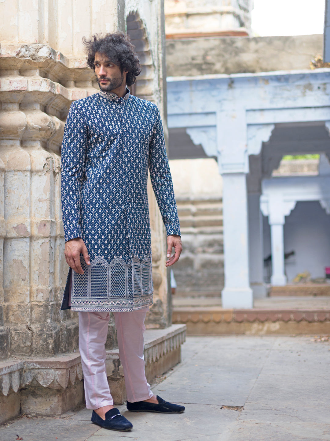 VASTRAMAY Men's Navy Blue And Pink Georgette Sherwani With Kurta Pyjama Set