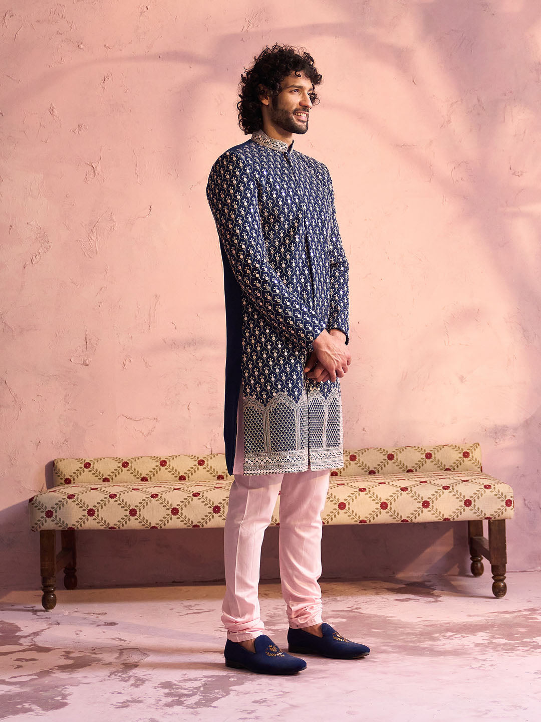 VASTRAMAY Men's Navy Blue And Pink Georgette Sherwani With Kurta Pyjama Set