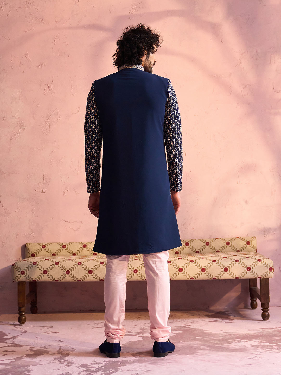 VASTRAMAY Men's Navy Blue And Pink Georgette Sherwani With Kurta Pyjama Set