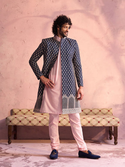 VASTRAMAY Men's Navy Blue And Pink Georgette Sherwani With Kurta Pyjama Set