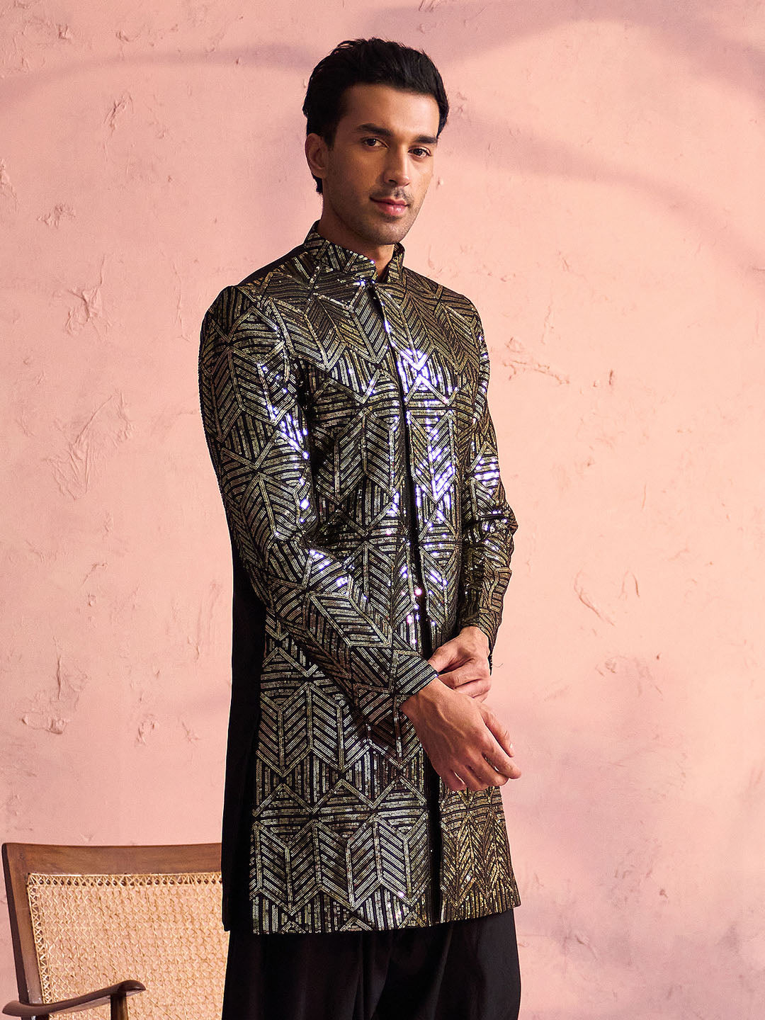 Vastramay Men's Black Georgette Sherwani Only Top