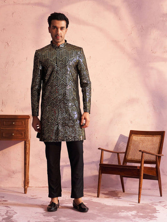 VASTRAMAY Men's Black Georgette Embellished Indo Set