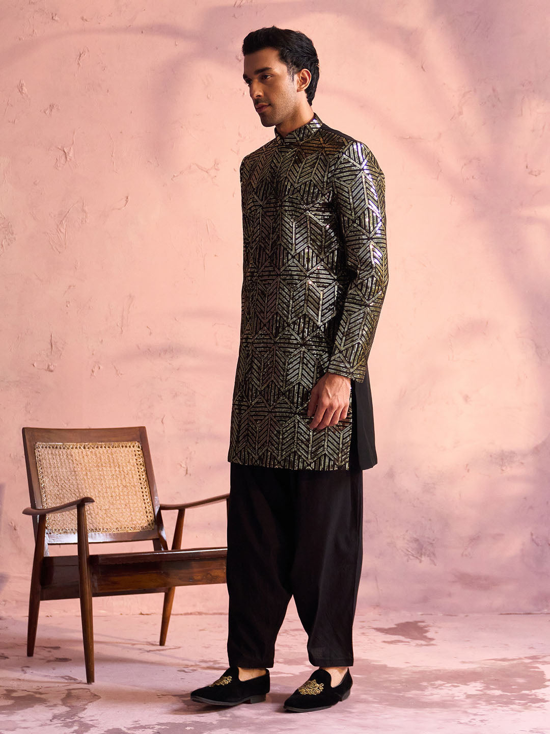 VASTRAMAY Men's Black Georgette Embellished Indo Set