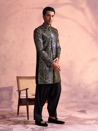 VASTRAMAY Men's Black Georgette Embellished Indo Set