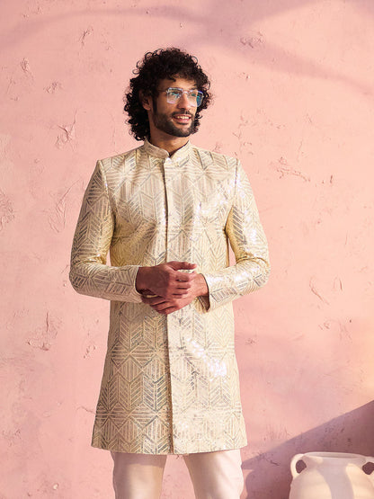 VASTRAMAY Men's Cream Georgette Sherwani Only Top