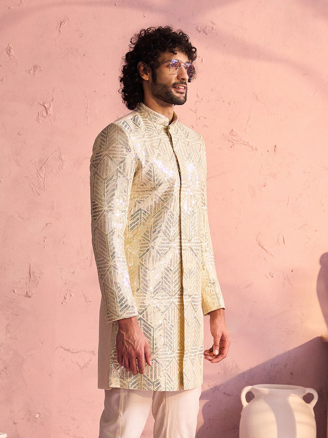 VASTRAMAY Men's Cream Georgette Sherwani Only Top