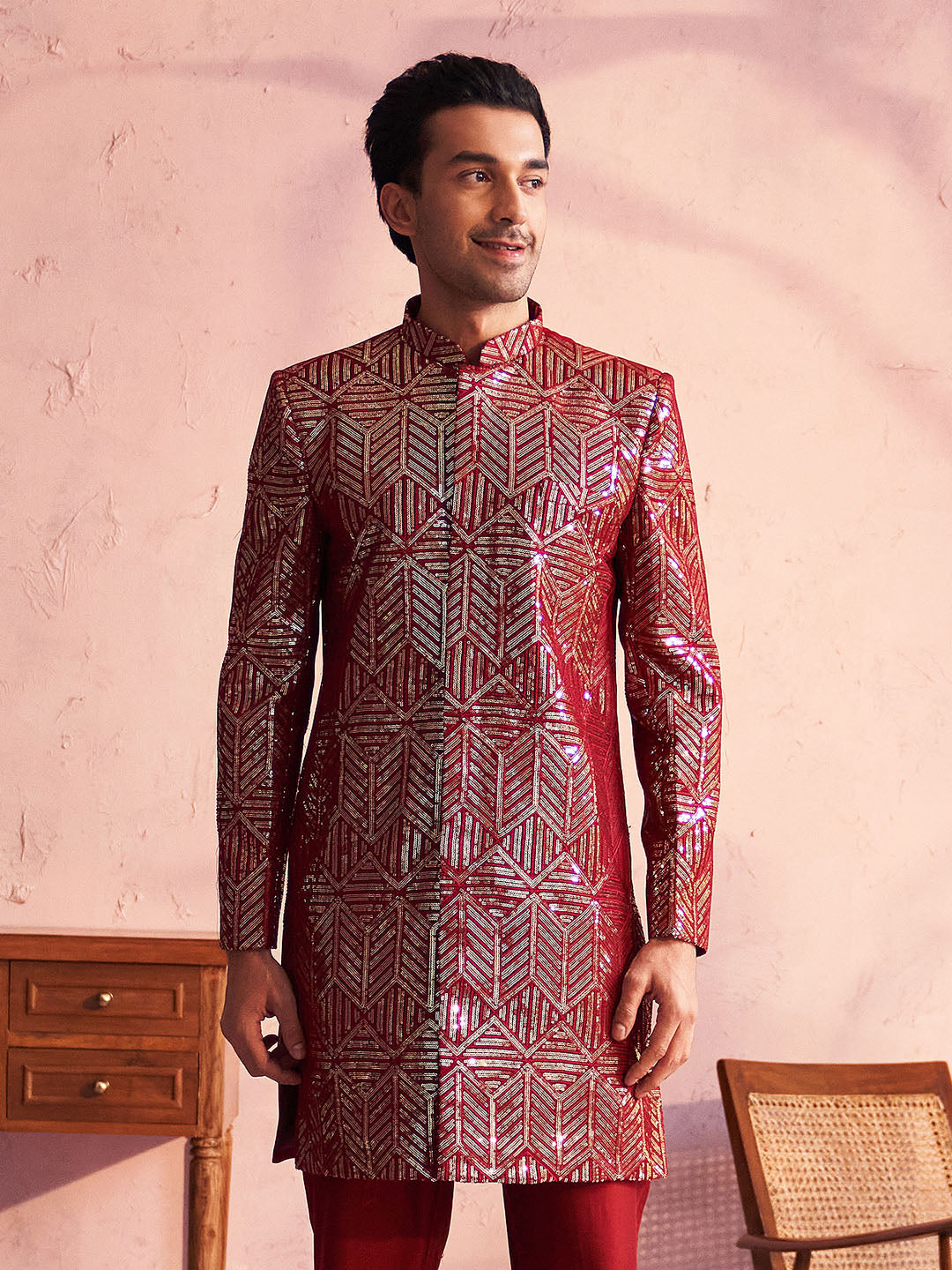 VASTRAMAY Men's Maroon Georgette Sherwani Only Top