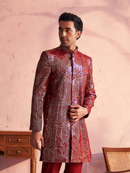 VASTRAMAY Men's Maroon Georgette Sherwani Only Top