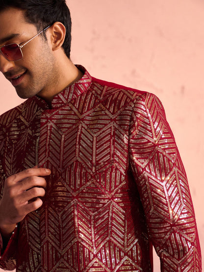 VASTRAMAY Men's Maroon Georgette Sherwani Only Top