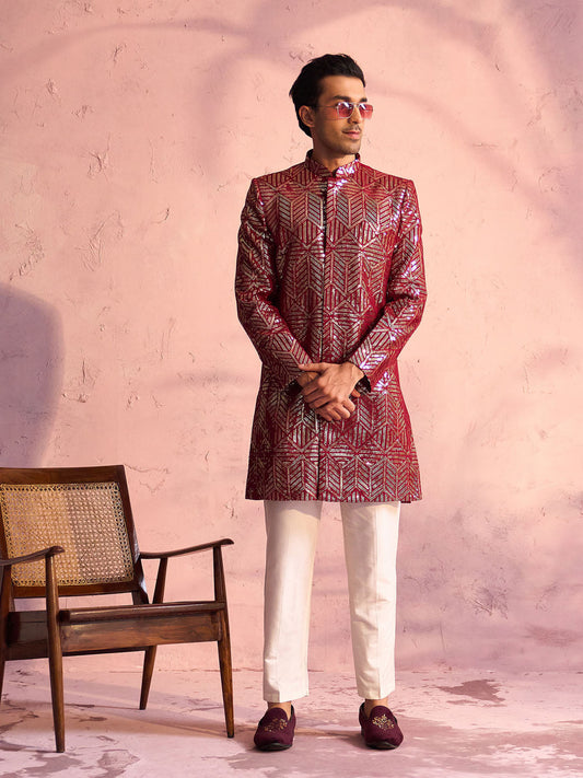 VASTRAMAY Men's Maroon Georgette Embellished Indo Set