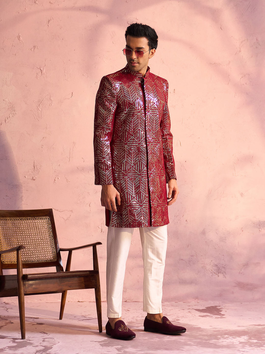 VASTRAMAY Men's Maroon Georgette Embellished Indo Set