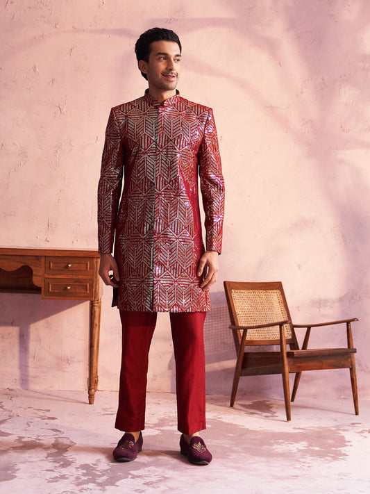 VASTRAMAY Men's Maroon Georgette Embellished Indo Set