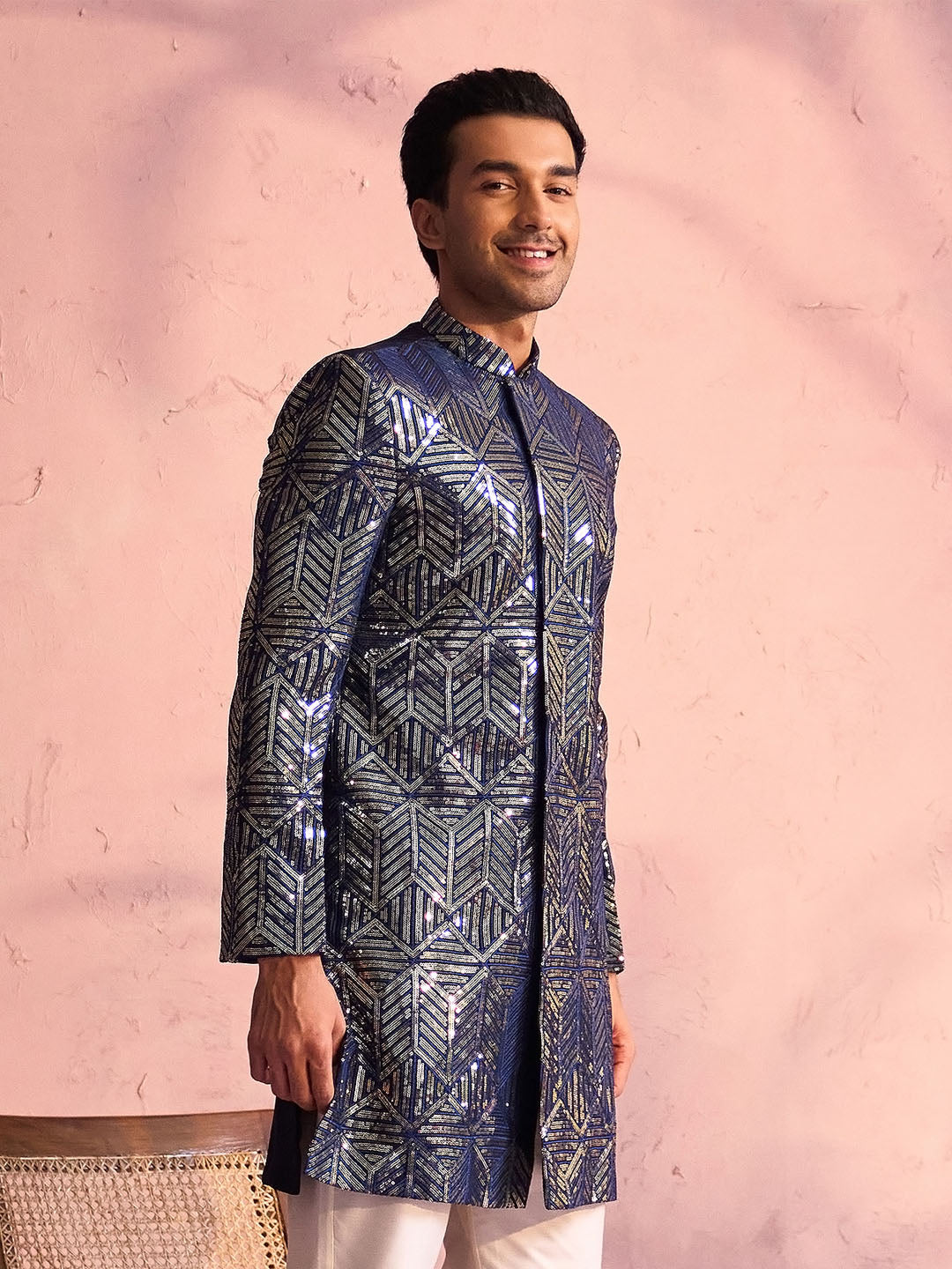 VASTRAMAY Men's Navy Blue Georgette Sherwani Only Top