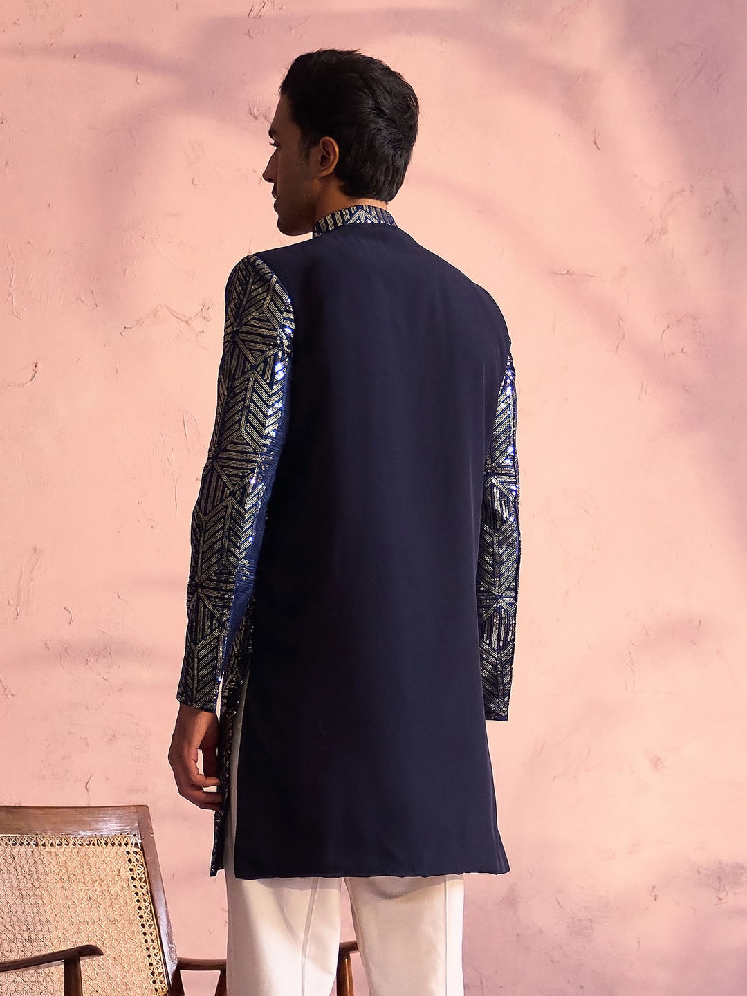 VASTRAMAY Men's Navy Blue Georgette Sherwani Only Top